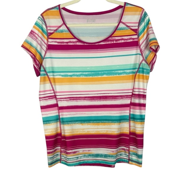 Land's End Sport Vibrant Colorful Pink Orange Teal Striped Short Sleeve Tee M - Picture 1 of 10
